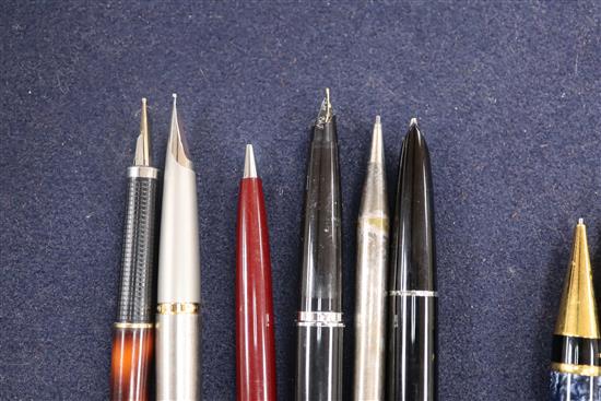 A collection of assorted Parker and other fountain and ballpoint pens and pencils